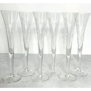 PERRIER JOUET (6) Champagne Flutes 9-3/4" White Floral Trumpet Etched VTG NIB